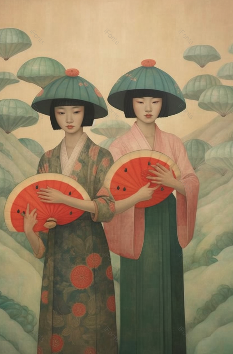 两个女孩坐在满是西瓜模型的旁边创意插画背景,插画/手绘图,插画/手绘图库,插画/手绘图下载,插画/手绘